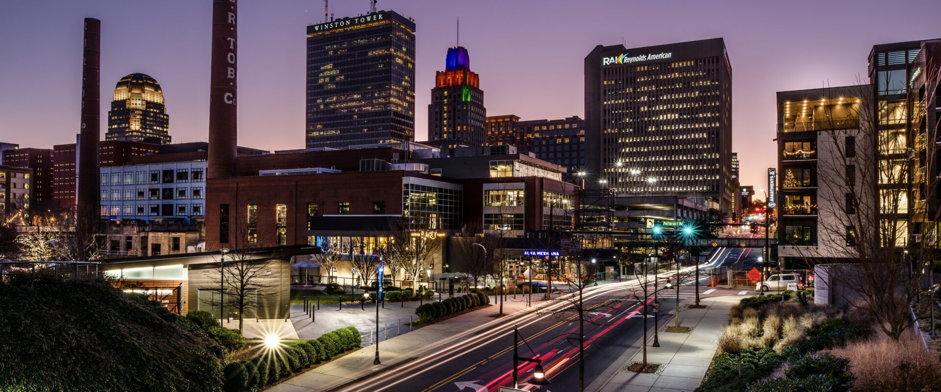 Winston-Salem's Innovation Quarter at dusk.