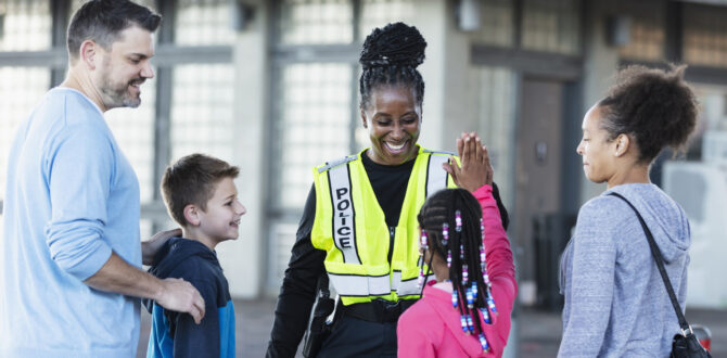 A police officer interacting with families from the community