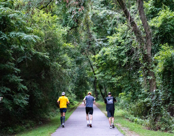Three people run on paved path surrounded by thick forest.
